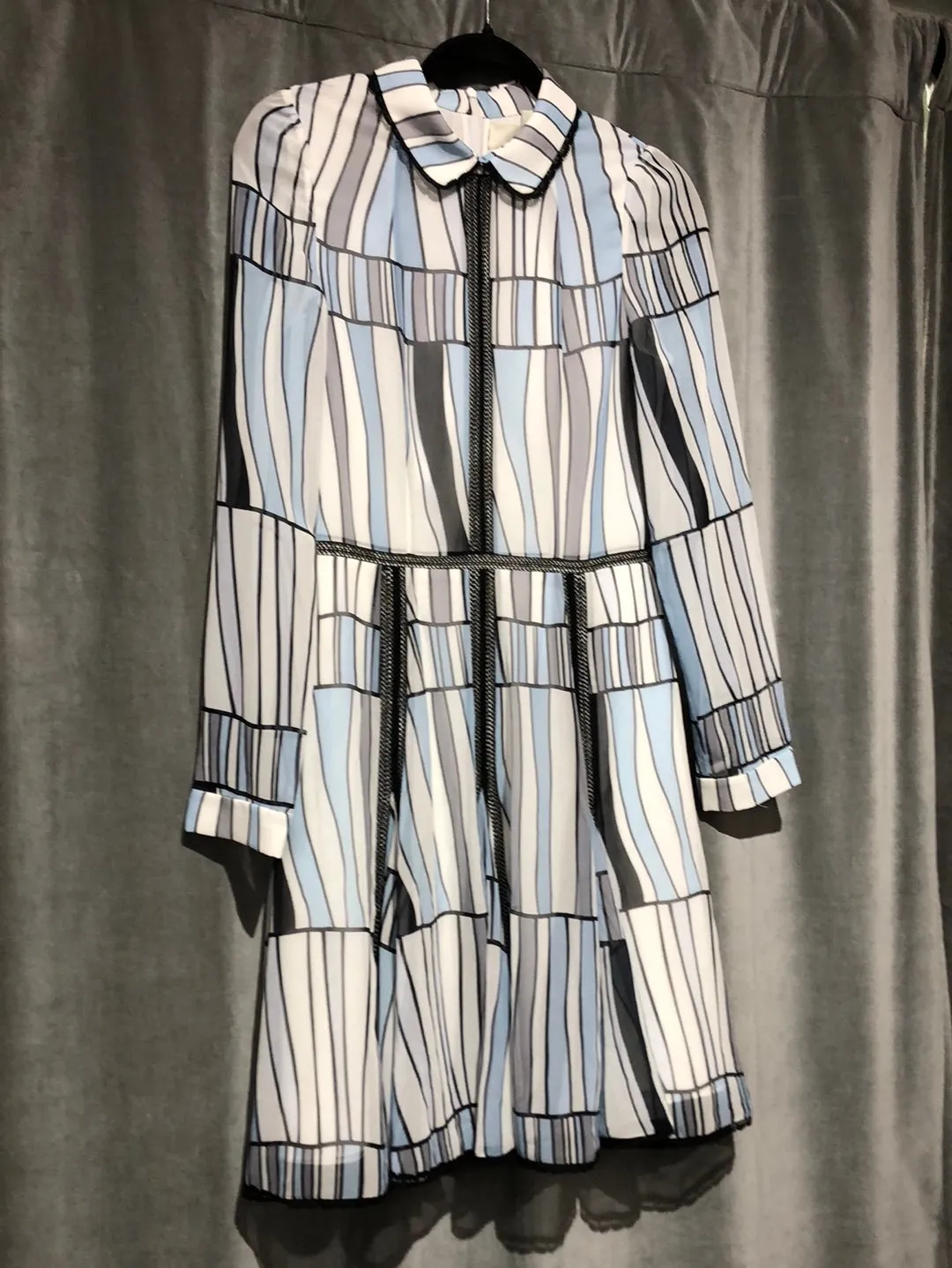 BORA AKSU CHIFFON Striped White Blue and Grey Long Sleeve Dress