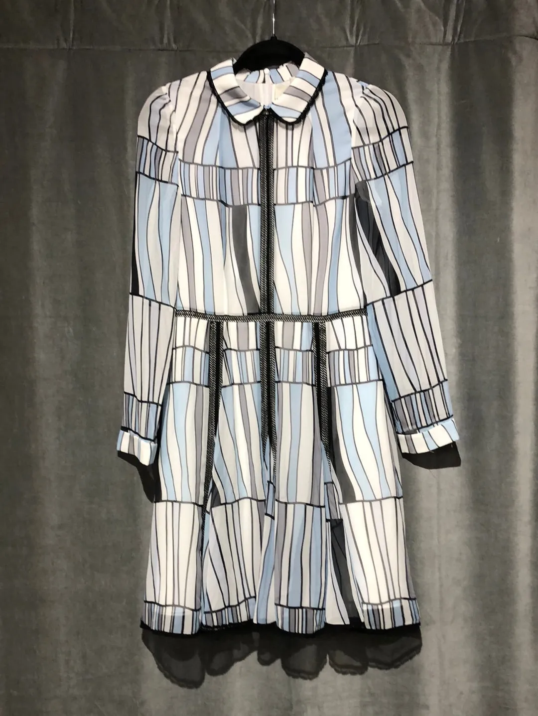 BORA AKSU CHIFFON Striped White Blue and Grey Long Sleeve Dress