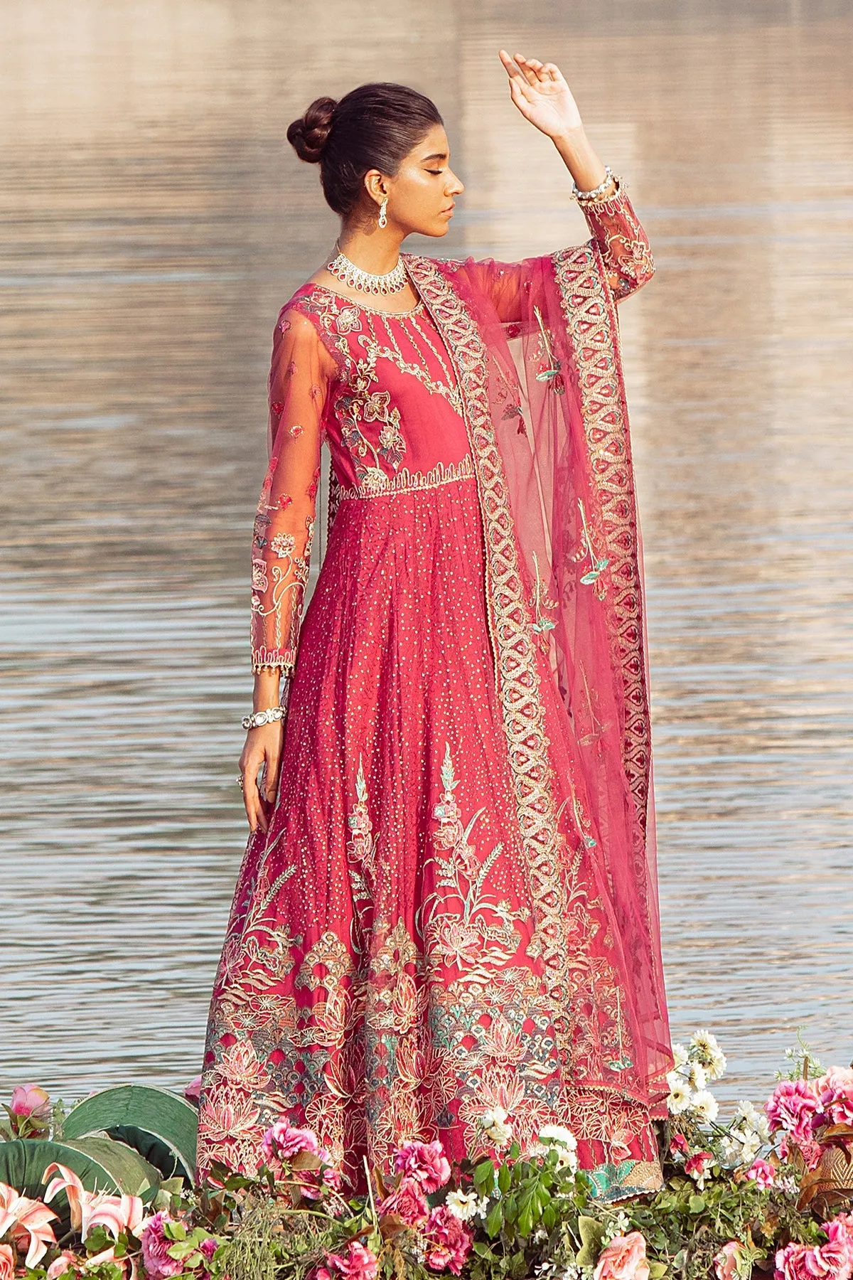 Bright Pink Embroidered Pakistani Wedding Dress in Long Frock Style