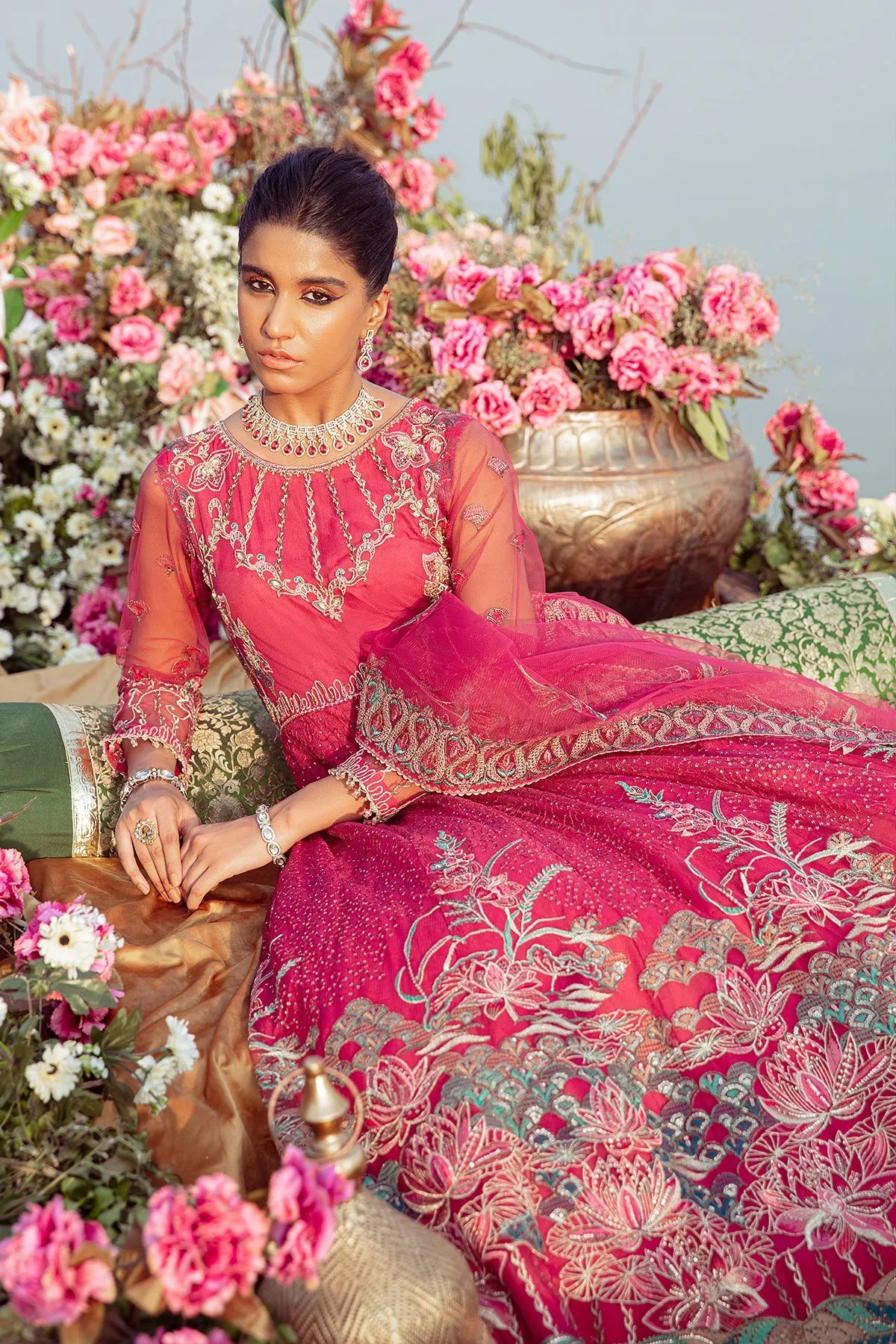Bright Pink Embroidered Pakistani Wedding Dress in Long Frock Style
