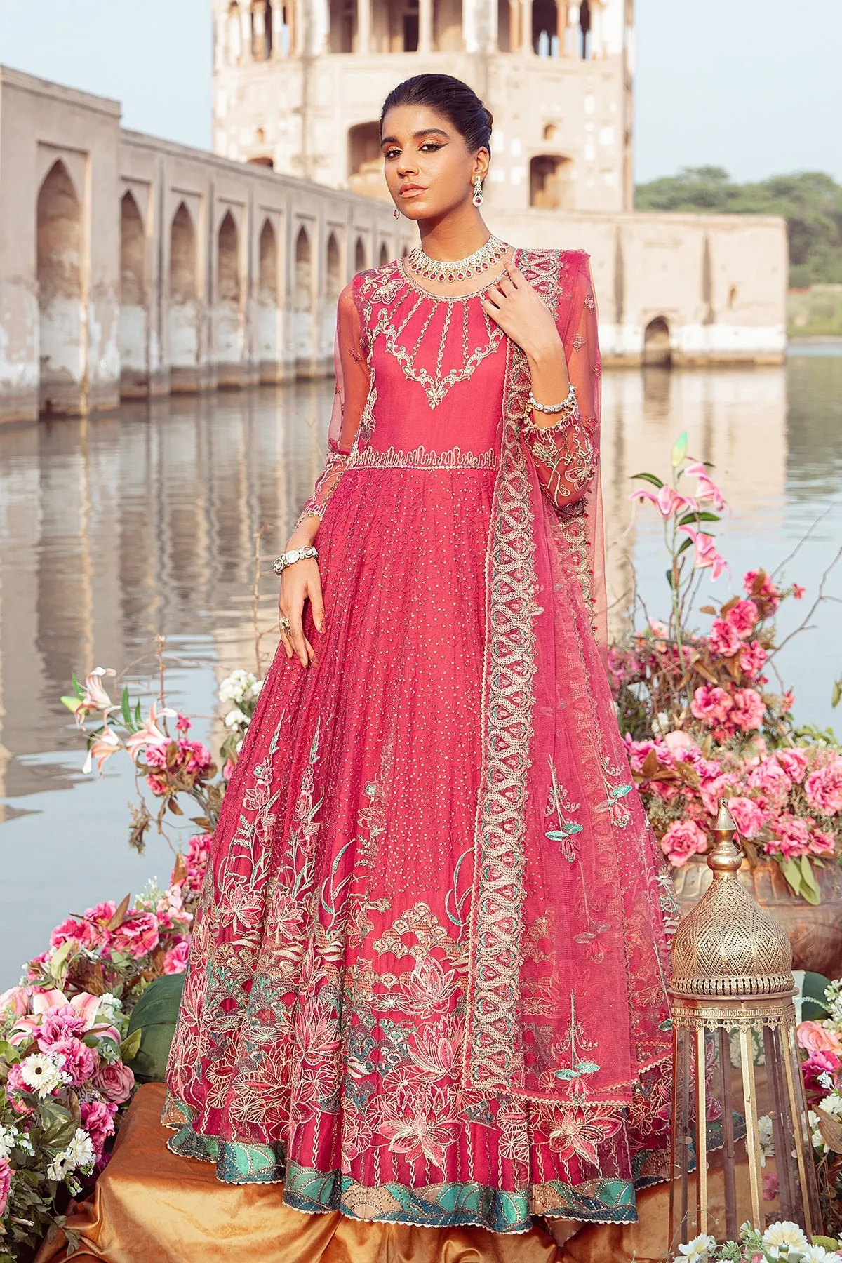 Bright Pink Embroidered Pakistani Wedding Dress in Long Frock Style