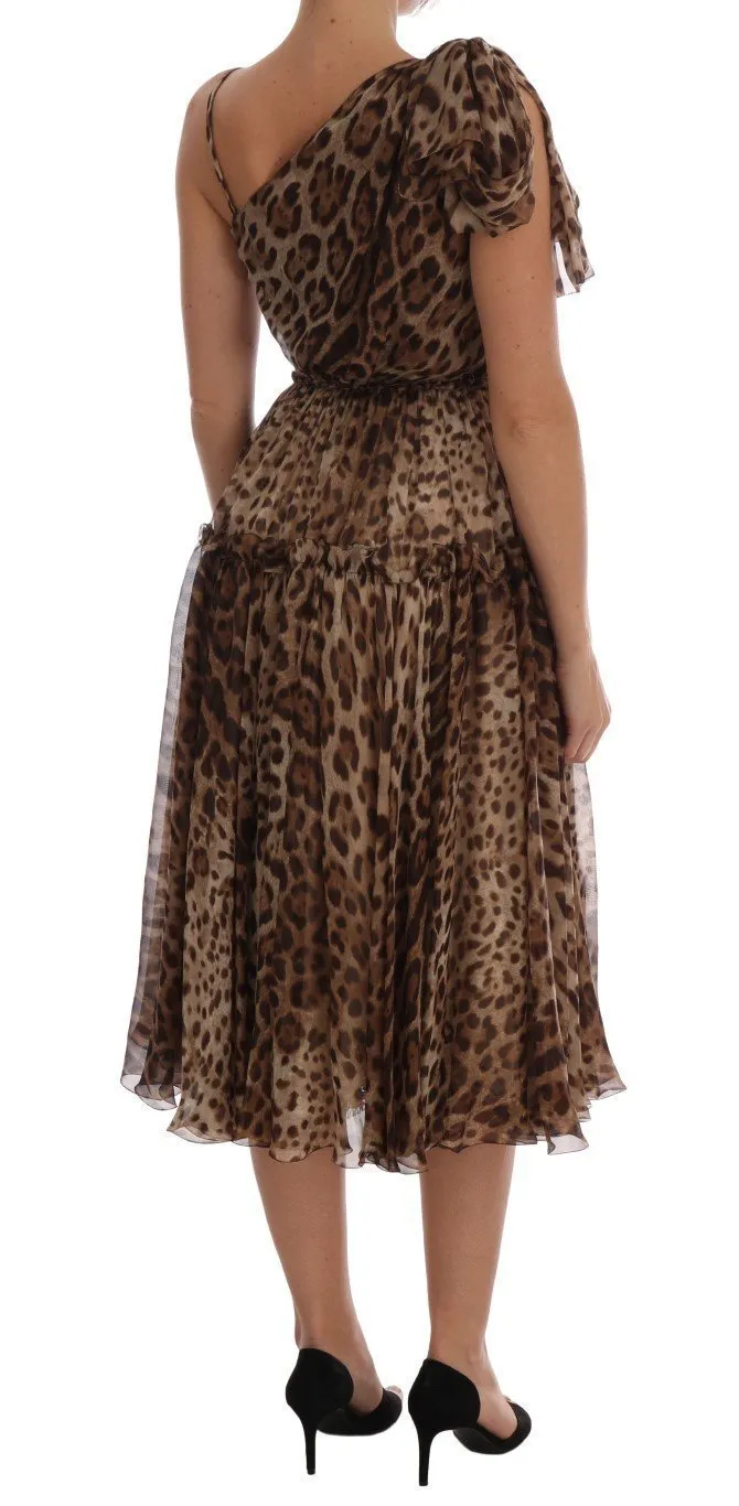 Brown Leopard Silk One Shoulder Dress