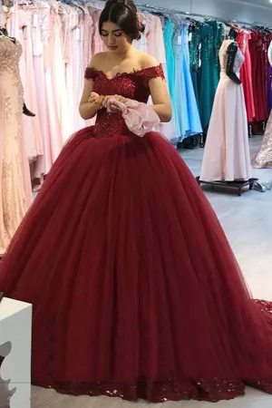 Burgundy Ball Gown Off-the-Shoulder Tulle Prom Gown with Appliques