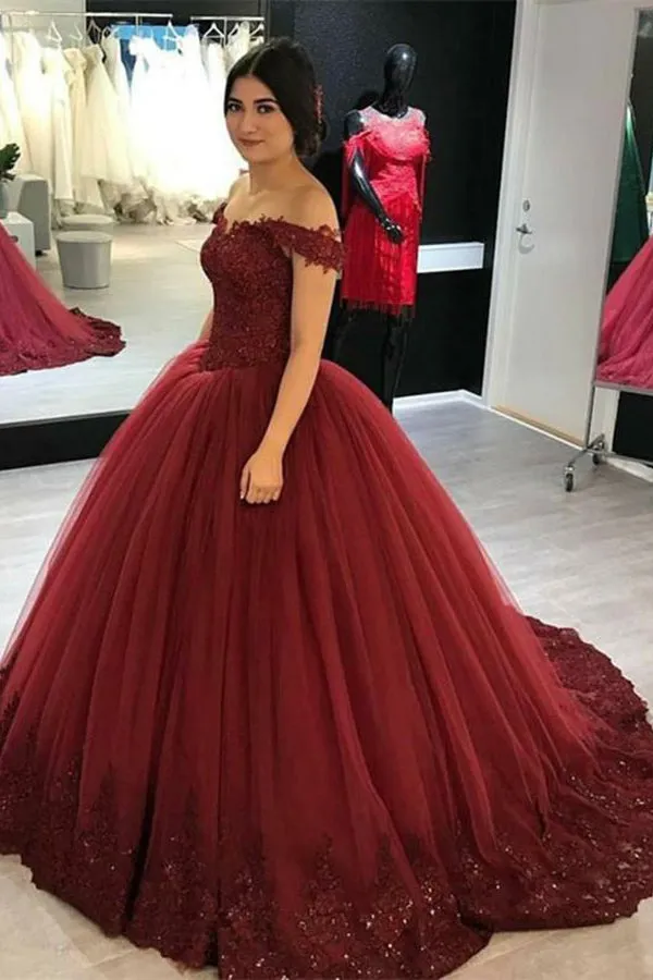 Burgundy Ball Gown Off-the-Shoulder Tulle Prom Gown with Appliques