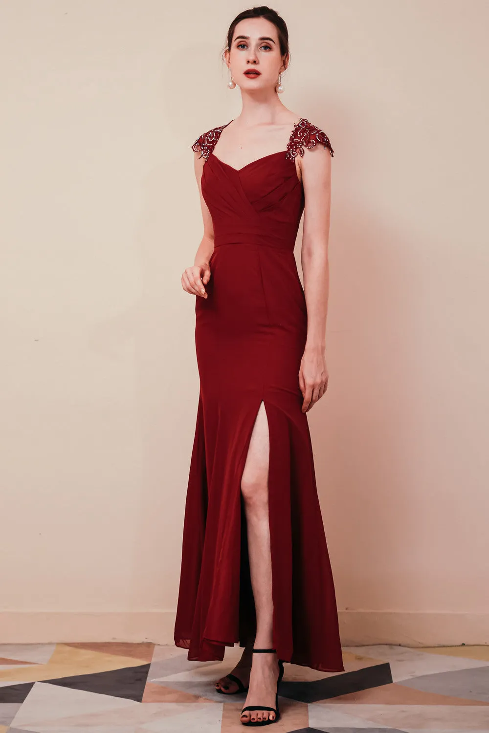 Burgundy Beaded Cap sleeves Chiffon Column Evening Dress