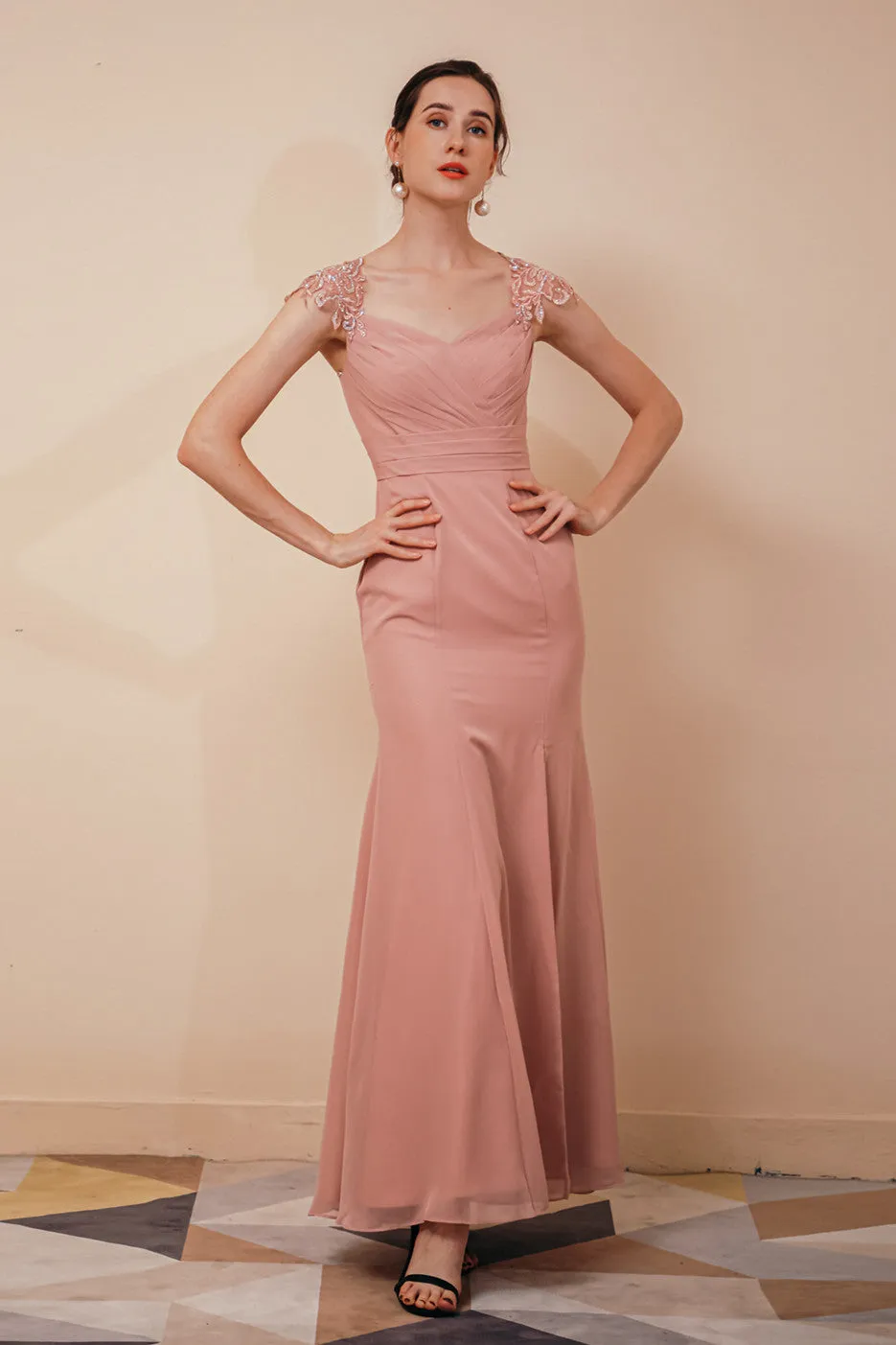 Burgundy Beaded Cap sleeves Chiffon Column Evening Dress