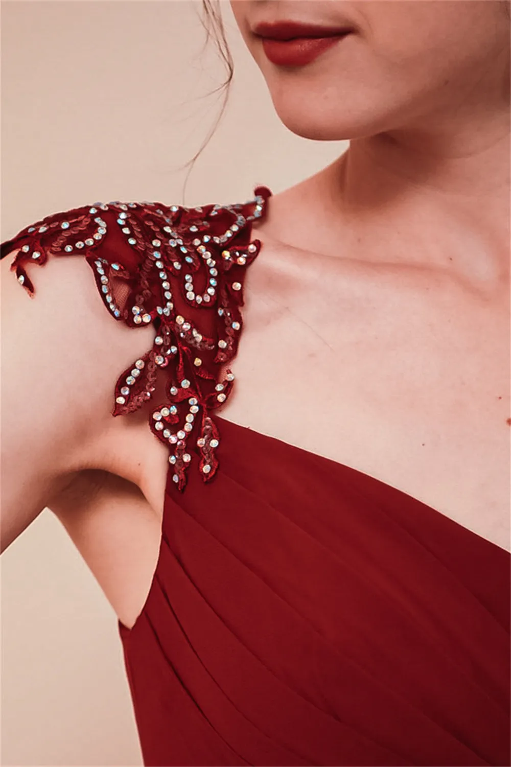 Burgundy Beaded Cap sleeves Chiffon Column Evening Dress