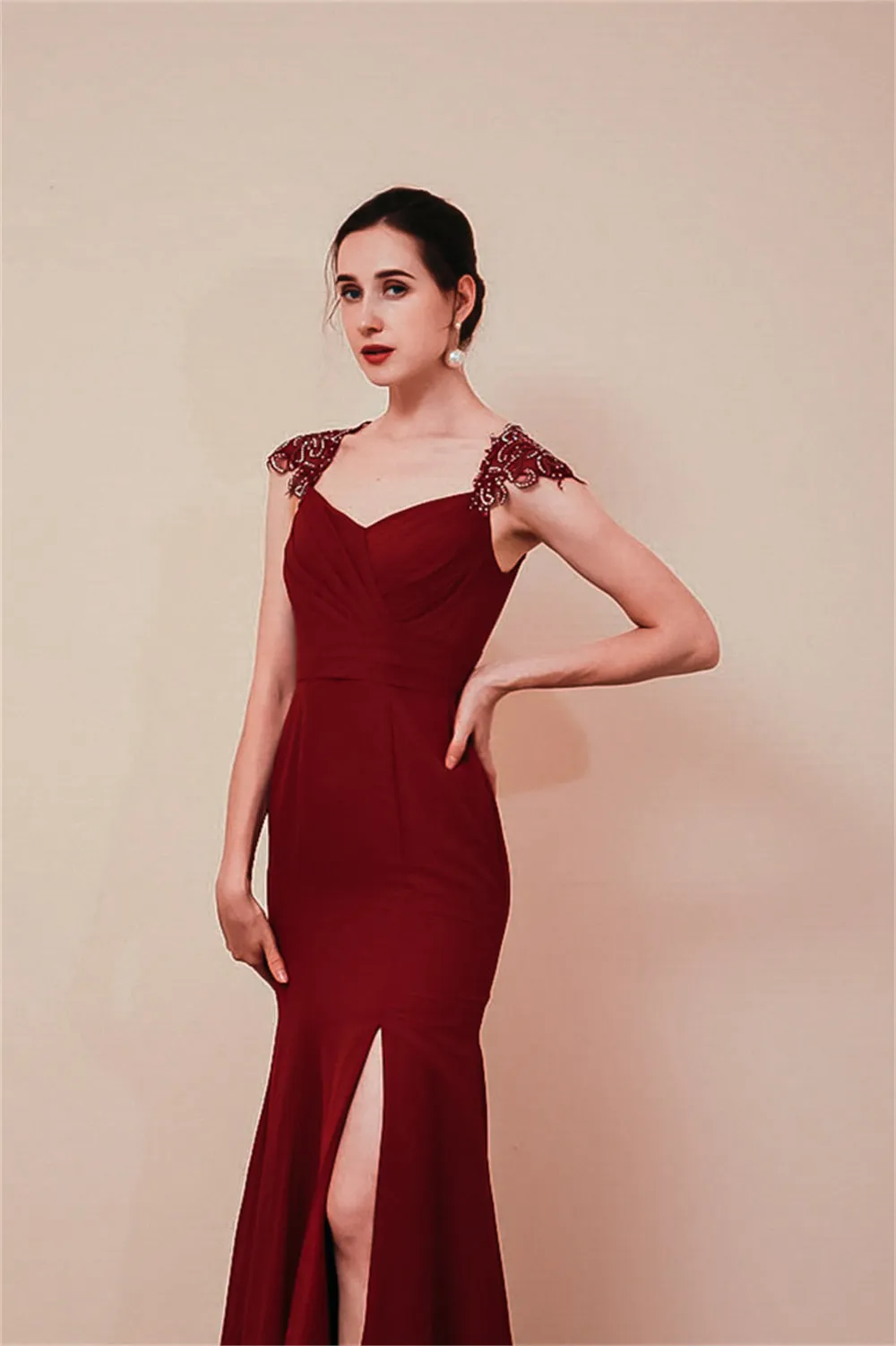 Burgundy Beaded Cap sleeves Chiffon Column Evening Dress