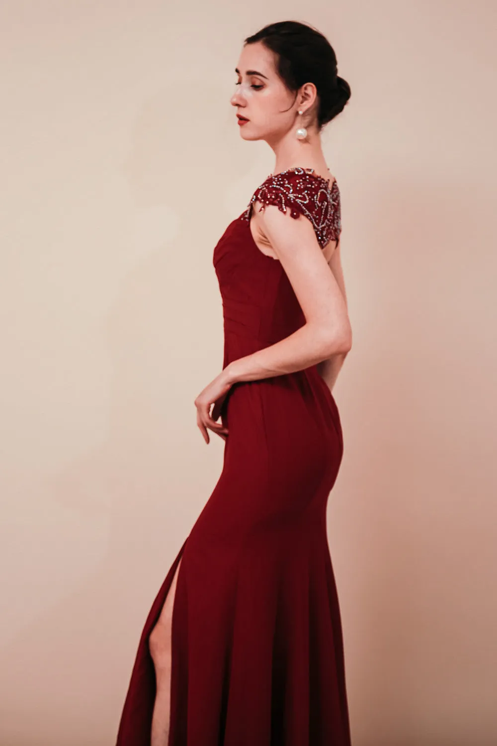 Burgundy Beaded Cap sleeves Chiffon Column Evening Dress