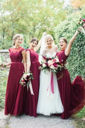 Burgundy Long Bridesmaid Dresses Moest Lace Applique Formal Dress,MBD123
