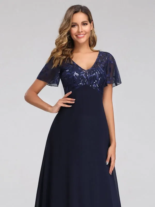 Burgundy Prom Dress A-Line V-Neck Short Sleeves Chiffon Lace Floor-Length Party Dresses