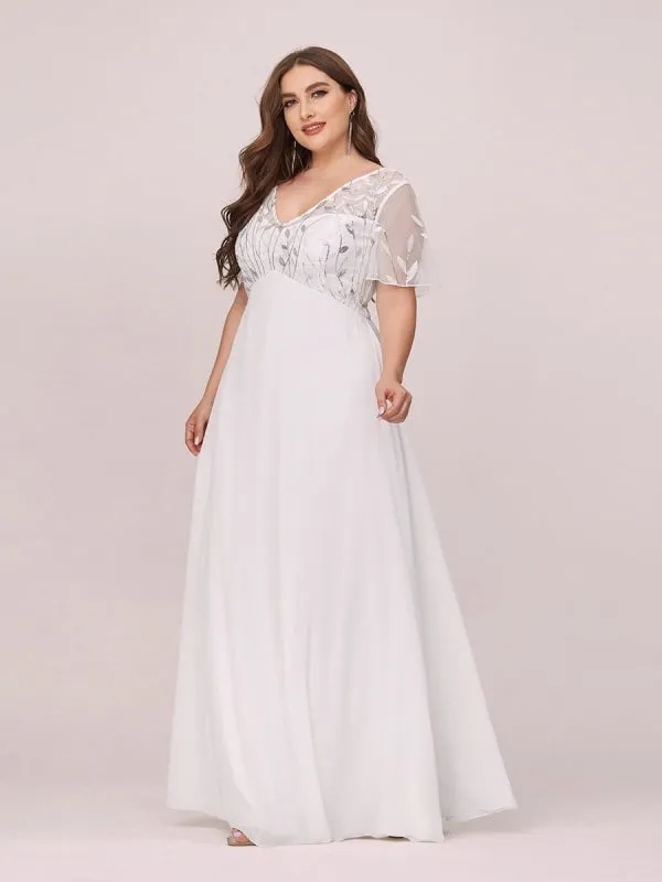 Burgundy Prom Dress A-Line V-Neck Short Sleeves Chiffon Lace Floor-Length Party Dresses