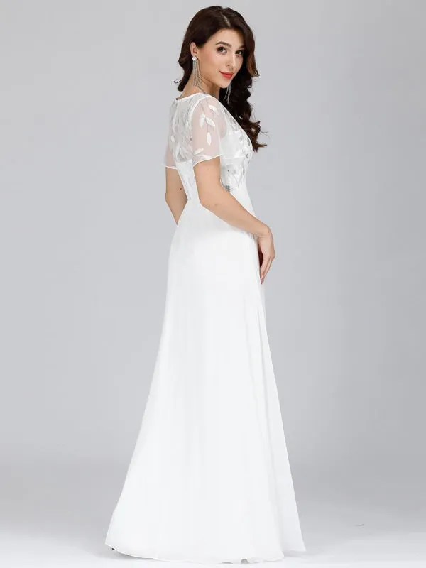 Burgundy Prom Dress A-Line V-Neck Short Sleeves Chiffon Lace Floor-Length Party Dresses