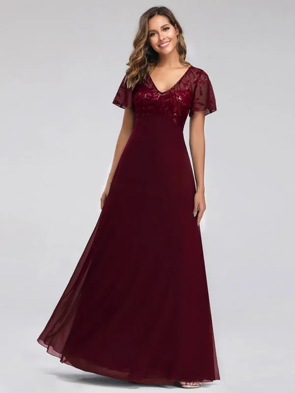 Burgundy Prom Dress A-Line V-Neck Short Sleeves Chiffon Lace Floor-Length Party Dresses