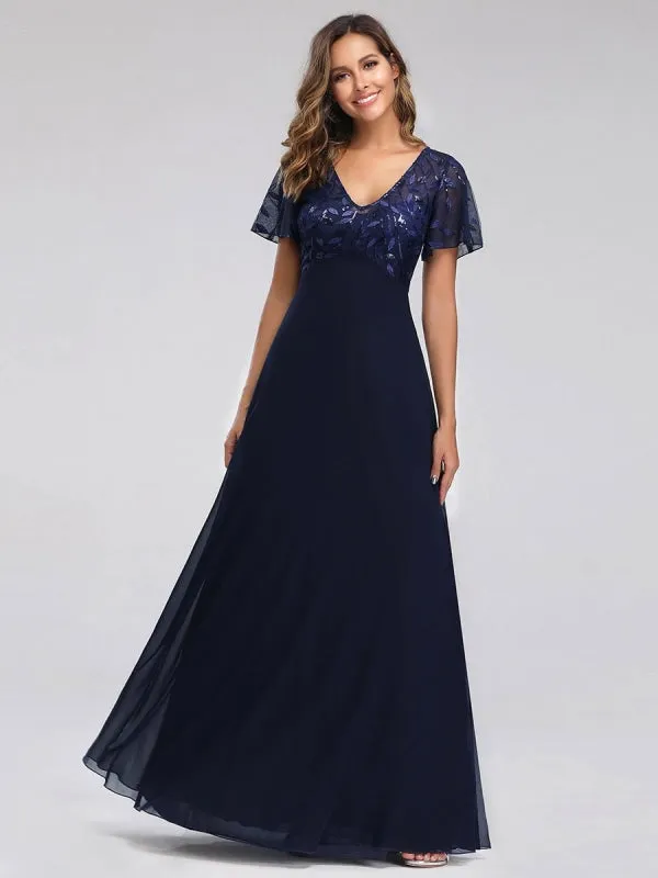 Burgundy Prom Dress A-Line V-Neck Short Sleeves Chiffon Lace Floor-Length Party Dresses