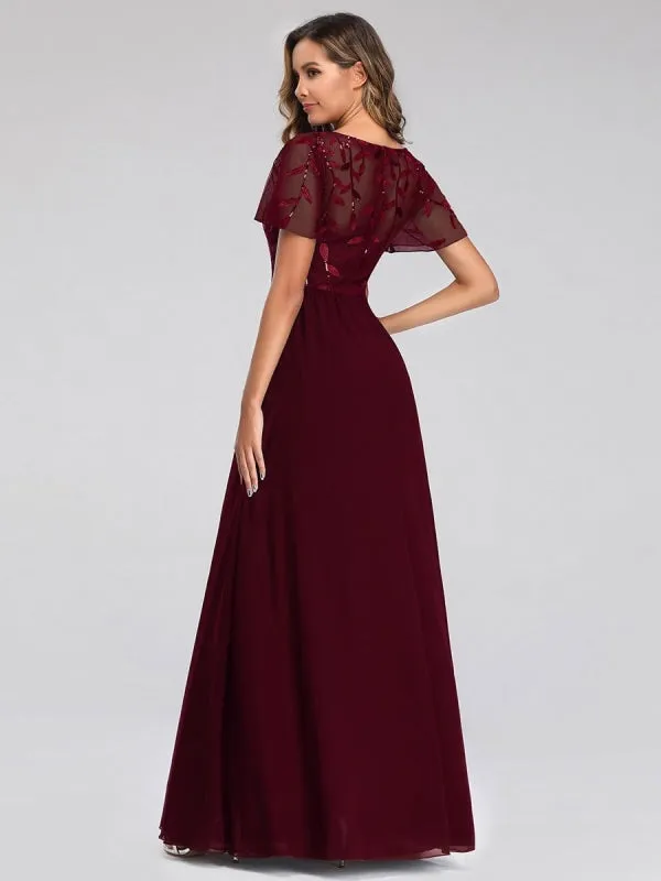 Burgundy Prom Dress A-Line V-Neck Short Sleeves Chiffon Lace Floor-Length Party Dresses