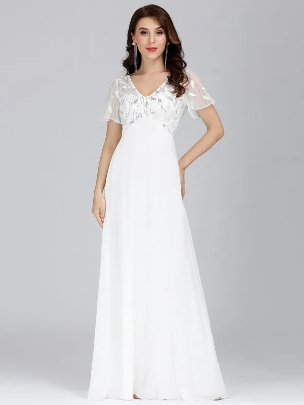 Burgundy Prom Dress A-Line V-Neck Short Sleeves Chiffon Lace Floor-Length Party Dresses