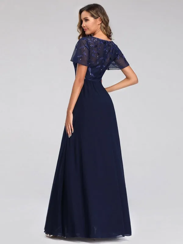 Burgundy Prom Dress A-Line V-Neck Short Sleeves Chiffon Lace Floor-Length Party Dresses