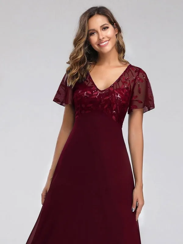 Burgundy Prom Dress A-Line V-Neck Short Sleeves Chiffon Lace Floor-Length Party Dresses