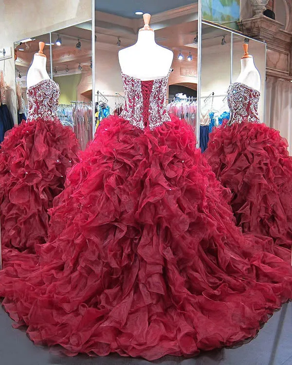 Burgundy Quinceanera Dresses Beaded Sparkly Rhinestones Puffy Ruffles Ball Gown Sweet 16 Dress vestidos de quinceañera
