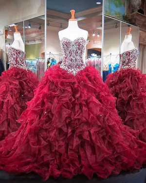 Burgundy Quinceanera Dresses Beaded Sparkly Rhinestones Puffy Ruffles Ball Gown Sweet 16 Dress vestidos de quinceañera