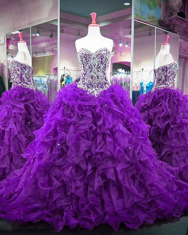 Burgundy Quinceanera Dresses Beaded Sparkly Rhinestones Puffy Ruffles Ball Gown Sweet 16 Dress vestidos de quinceañera