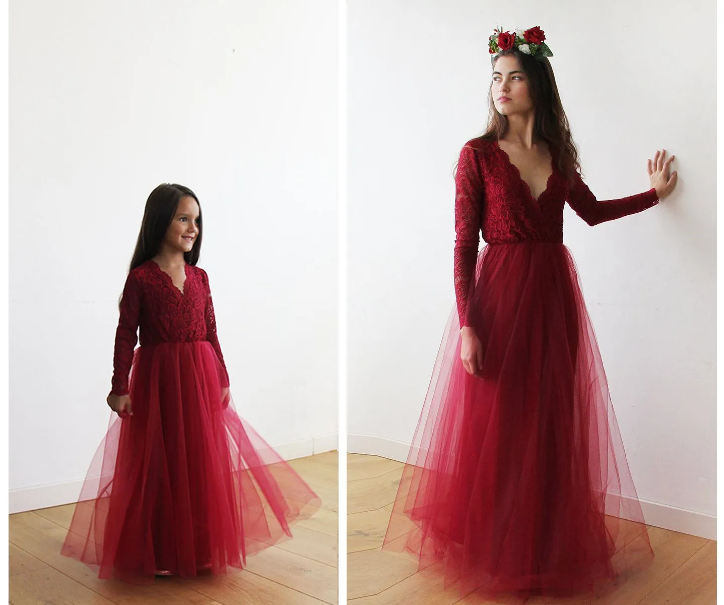 Burgundy Tulle & lace long sleeves Flower Girls Gown #5043