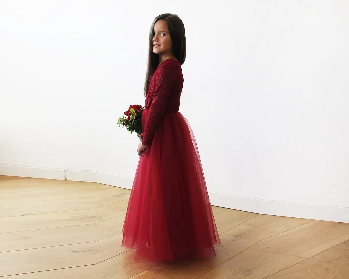 Burgundy Tulle & lace long sleeves Flower Girls Gown #5043