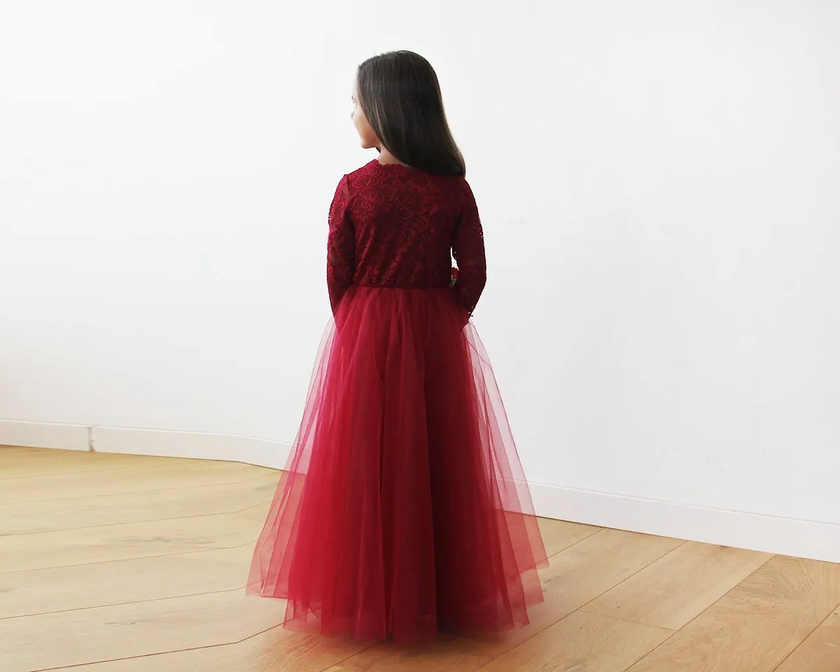 Burgundy Tulle & lace long sleeves Flower Girls Gown #5043