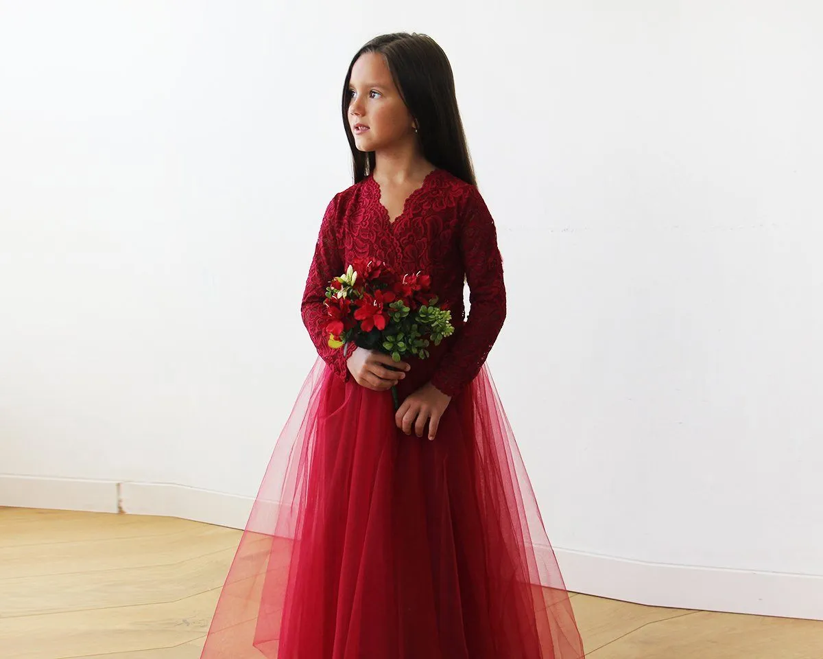 Burgundy Tulle & lace long sleeves Flower Girls Gown #5043