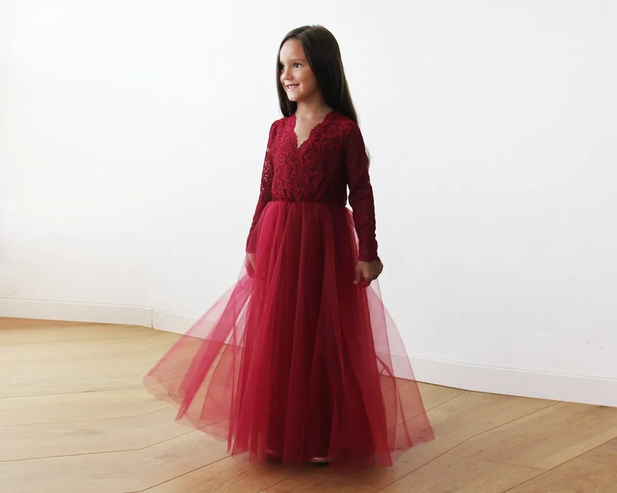 Burgundy Tulle & lace long sleeves Flower Girls Gown #5043