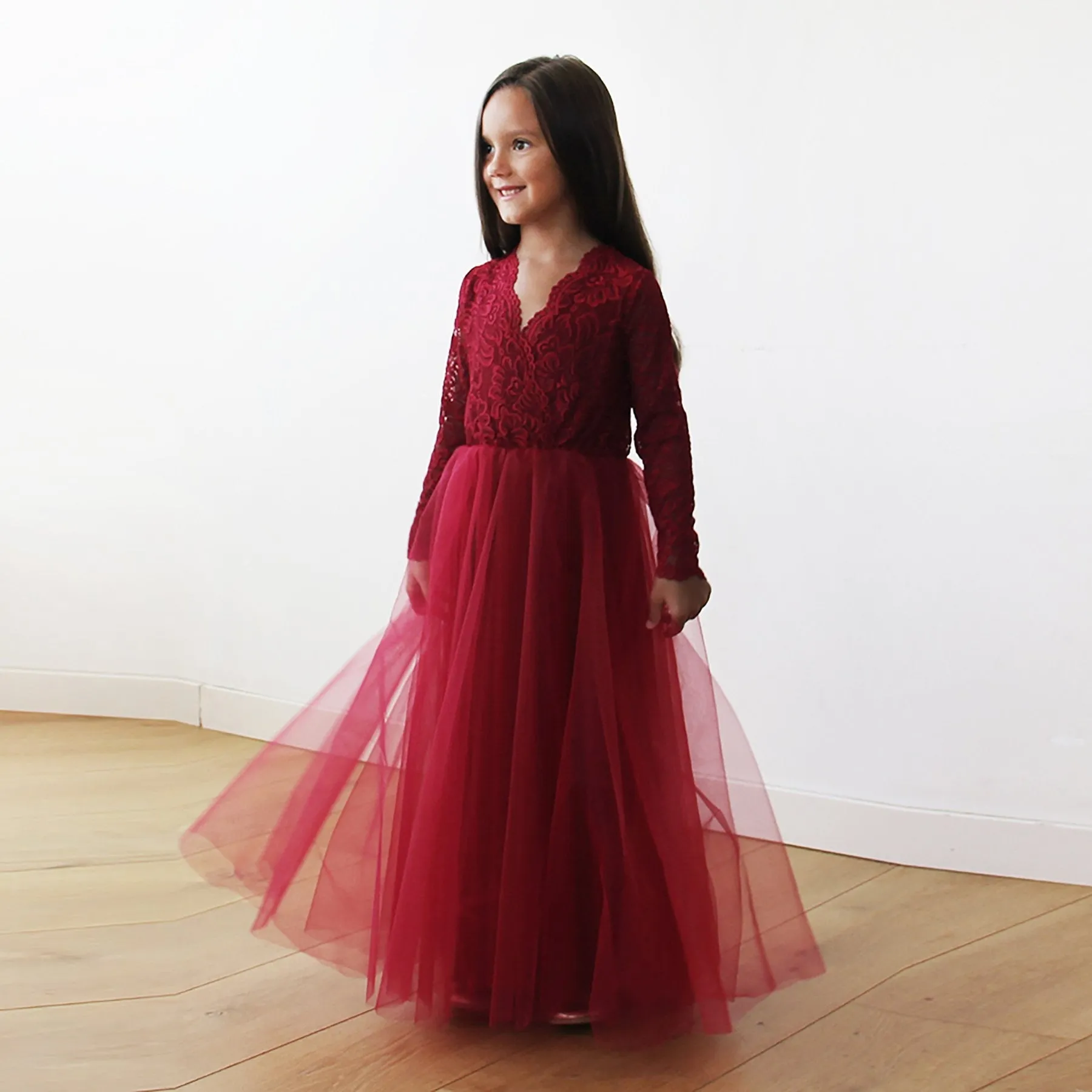 Burgundy Tulle & lace long sleeves Flower Girls Gown #5043