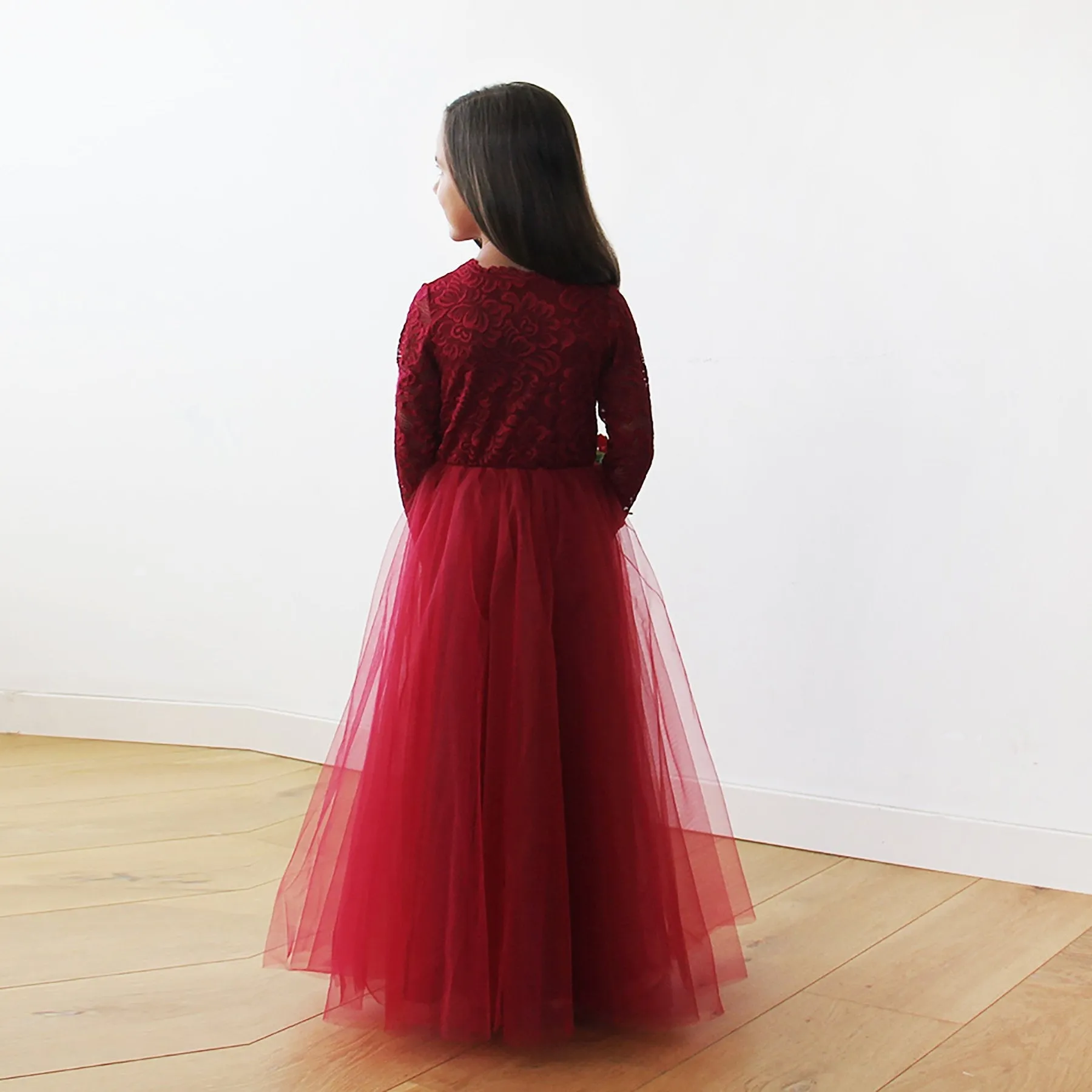 Burgundy Tulle & lace long sleeves Flower Girls Gown #5043