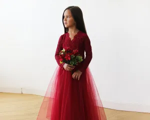 Burgundy Tulle & lace long sleeves Flower Girls Gown #5043