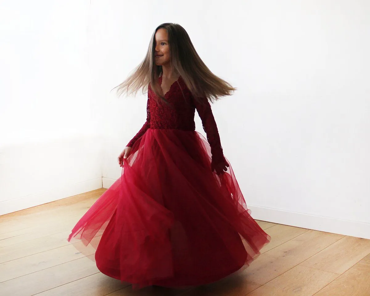 Burgundy Tulle & lace long sleeves Flower Girls Gown #5043