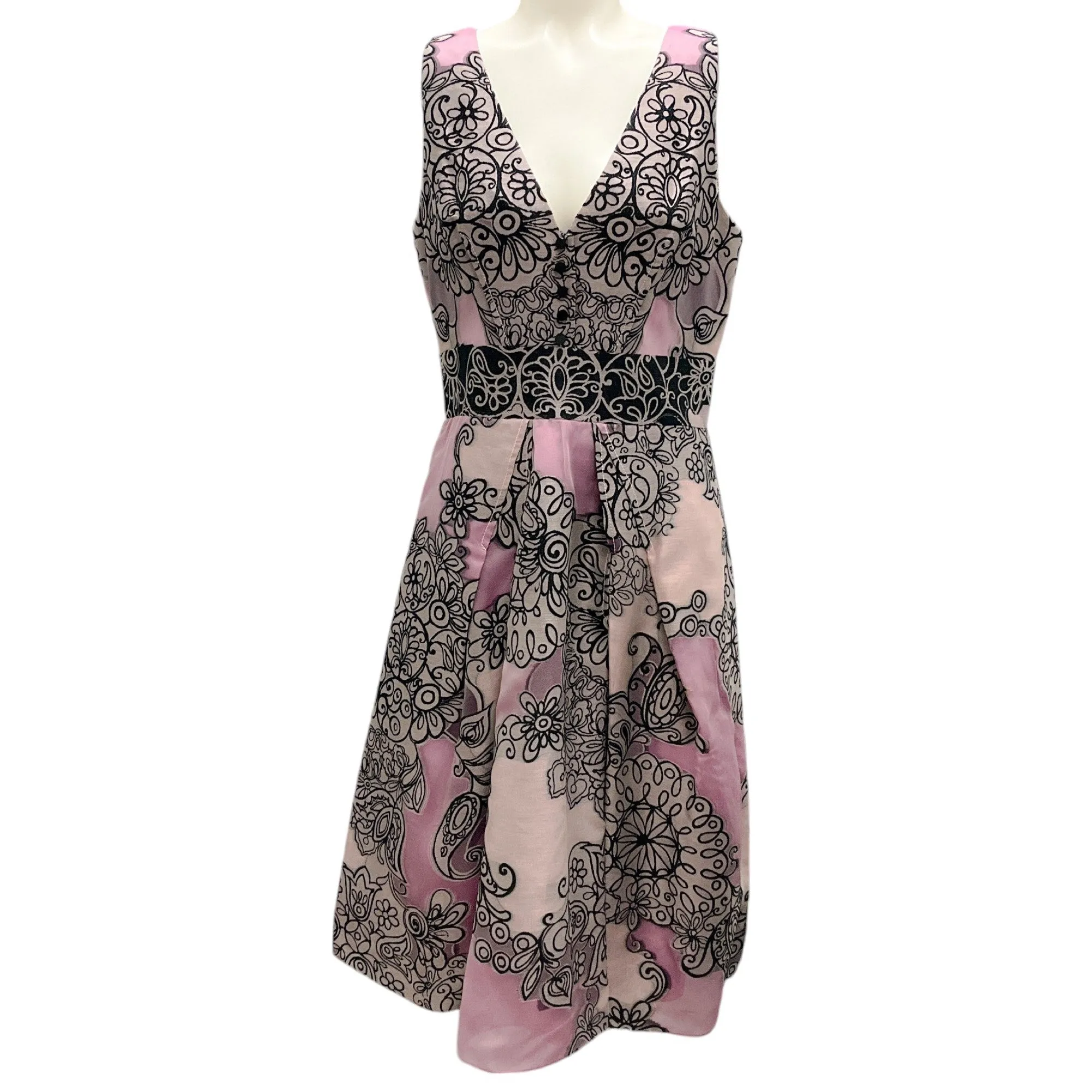 Carolina Herrera Vintage Pink / Black Sleeveless V-Neck Jacquard Cocktail Dress