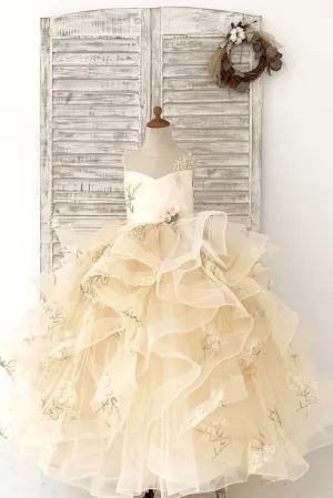 Champagne Embroidery Lace Tulle Keyhole Back Wedding Flower Girl Dress