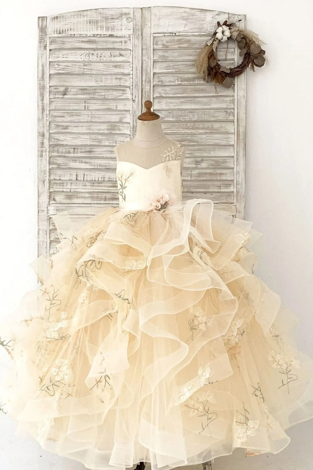 Champagne Embroidery Lace Tulle Keyhole Back Wedding Flower Girl Dress