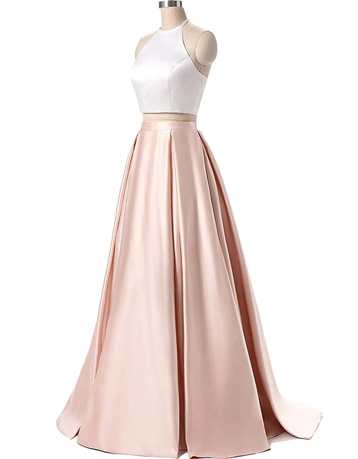 Champagne Satin Two Piece Long Prom Dress
