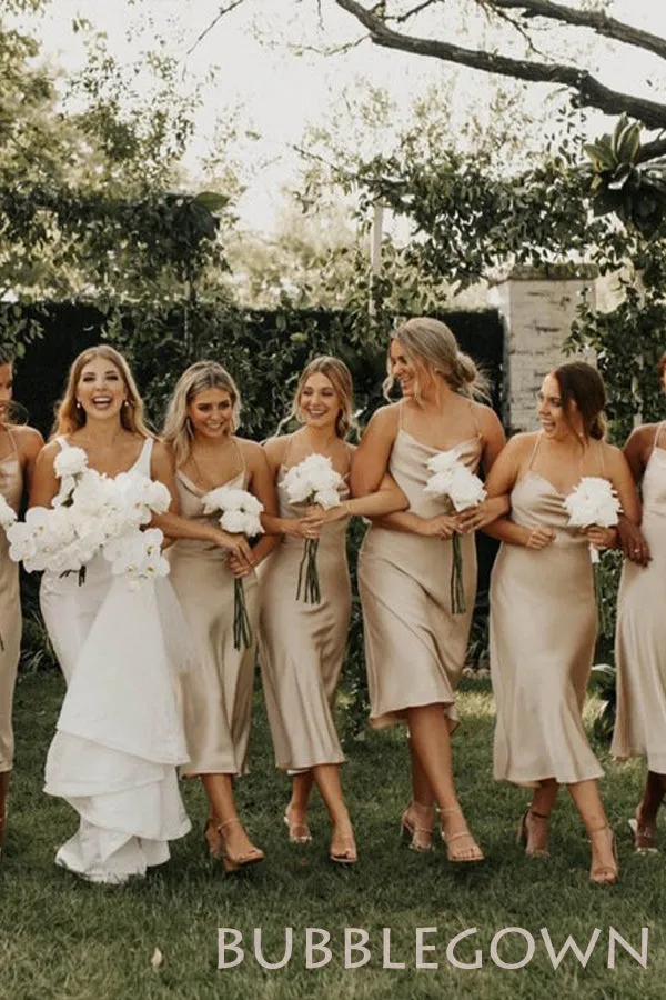 Champagne Soft Satin Spaghetti Straps Cowl Neck Tea-Length Long Bridesmaid Dresses, BN1007