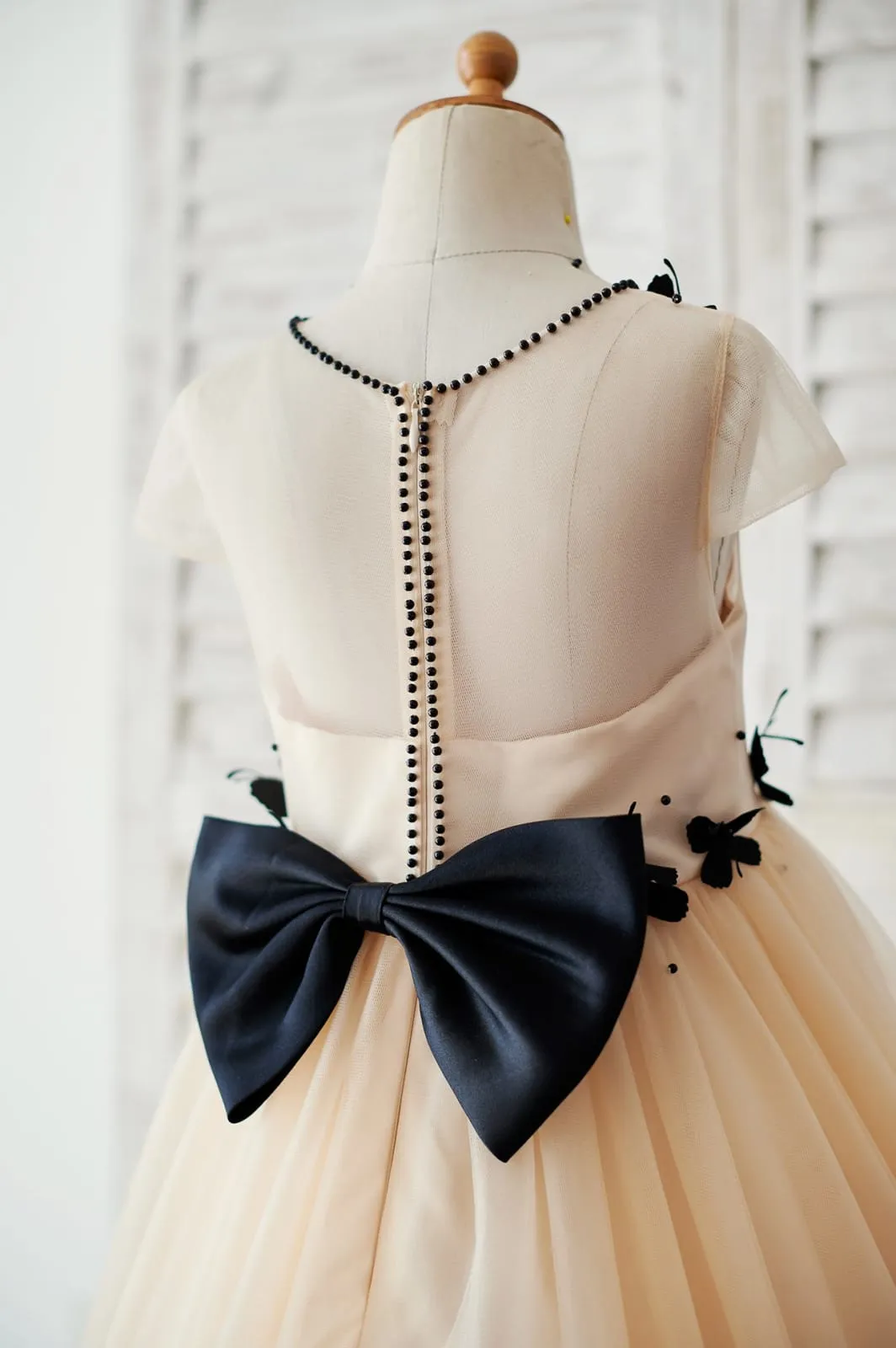 Champagne Tulle Cap Sleeves Wedding Flower Girl Dress, Black Butterflies