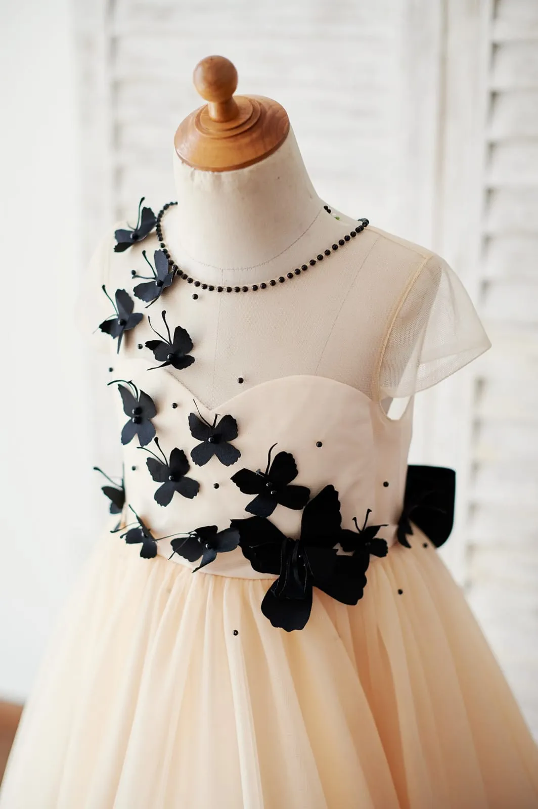 Champagne Tulle Cap Sleeves Wedding Flower Girl Dress, Black Butterflies