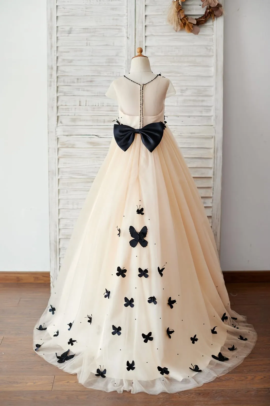 Champagne Tulle Cap Sleeves Wedding Flower Girl Dress, Black Butterflies
