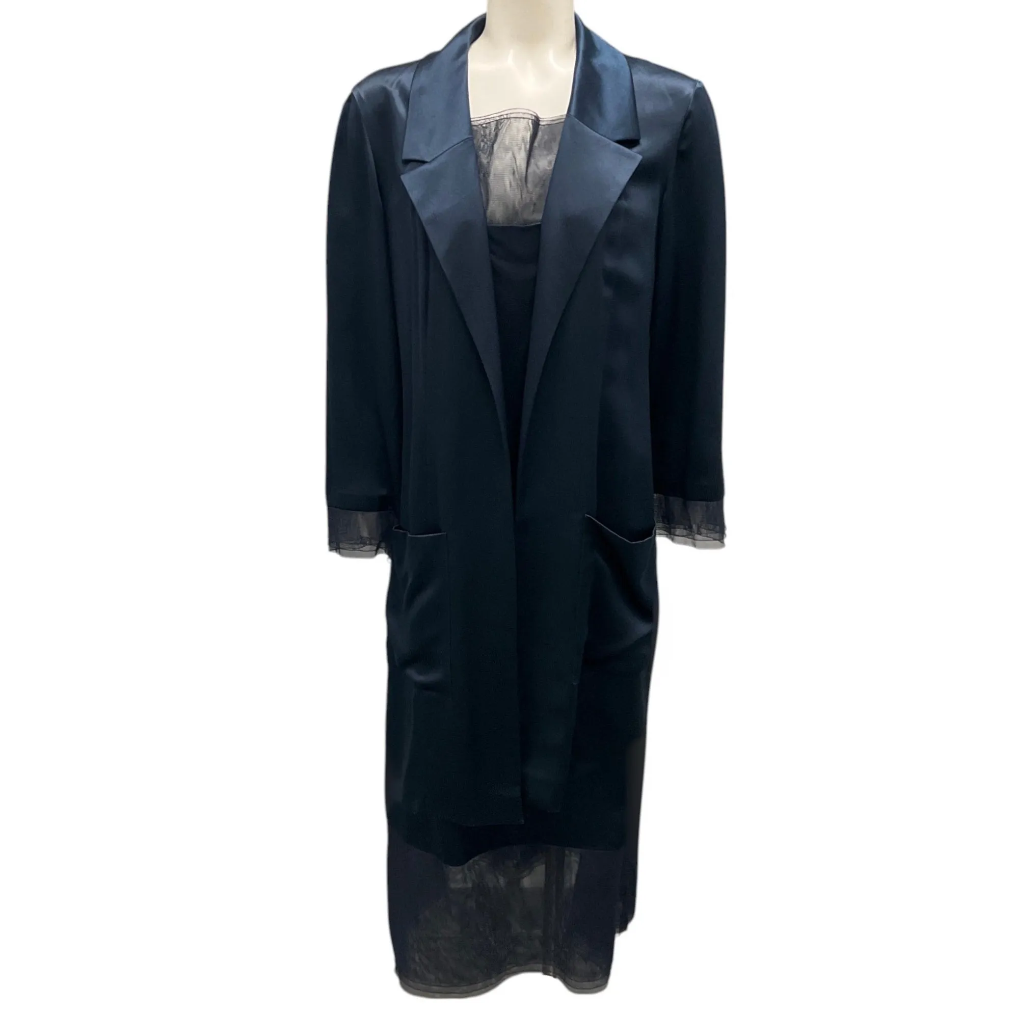 Chanel Boutique Vintage 1999 Navy Blue Tulle Trimmed Silk Robe and Dress Two-Piece Set
