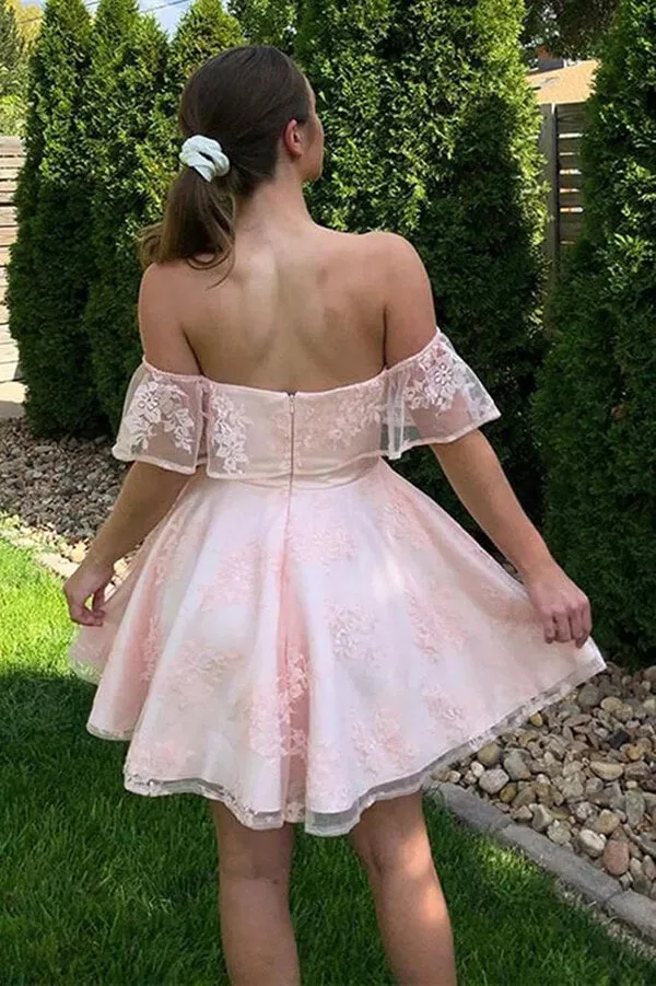 Charming A-line Off Shoulder Lace Homecoming Dress, Short Party Dresses, MH554