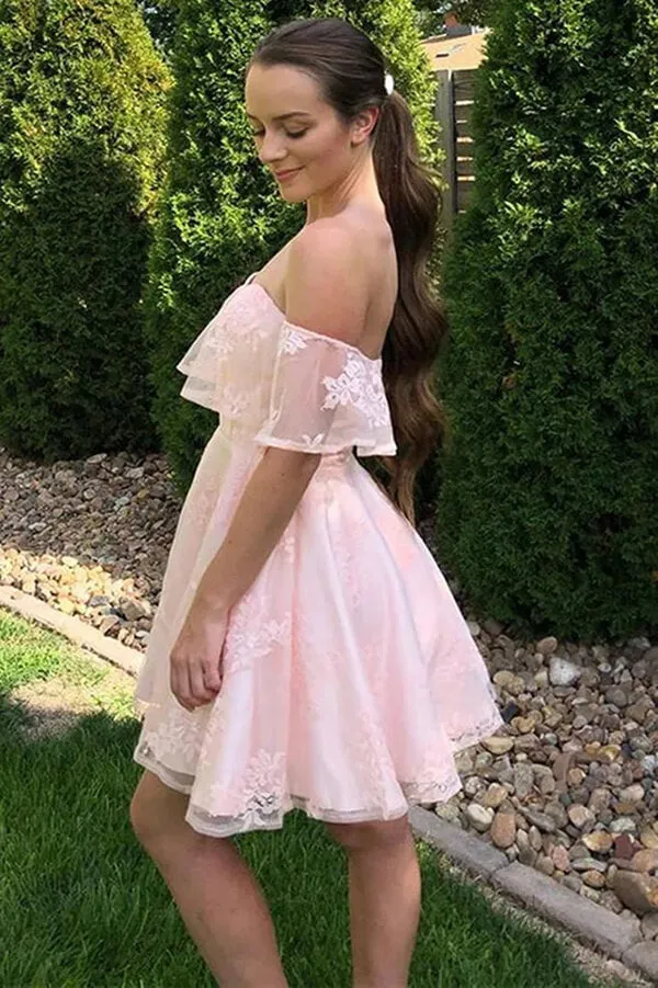 Charming A-line Off Shoulder Lace Homecoming Dress, Short Party Dresses, MH554