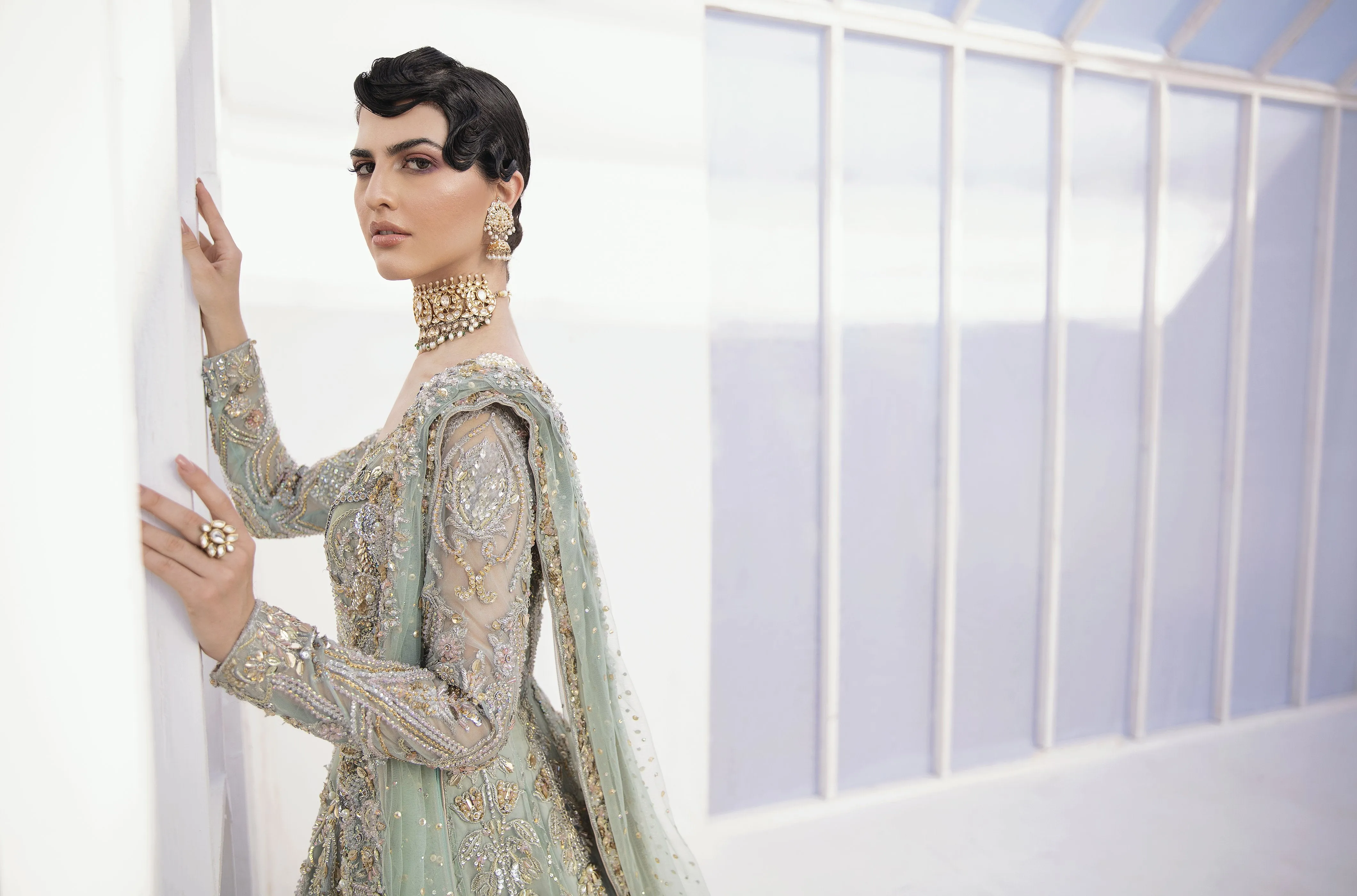 Charming Pakistani Bridal Lehenga Designs in Embellished Heavy Zardozi Work for Wedding Wear in Long Tail Gown with Dupatta #BN940