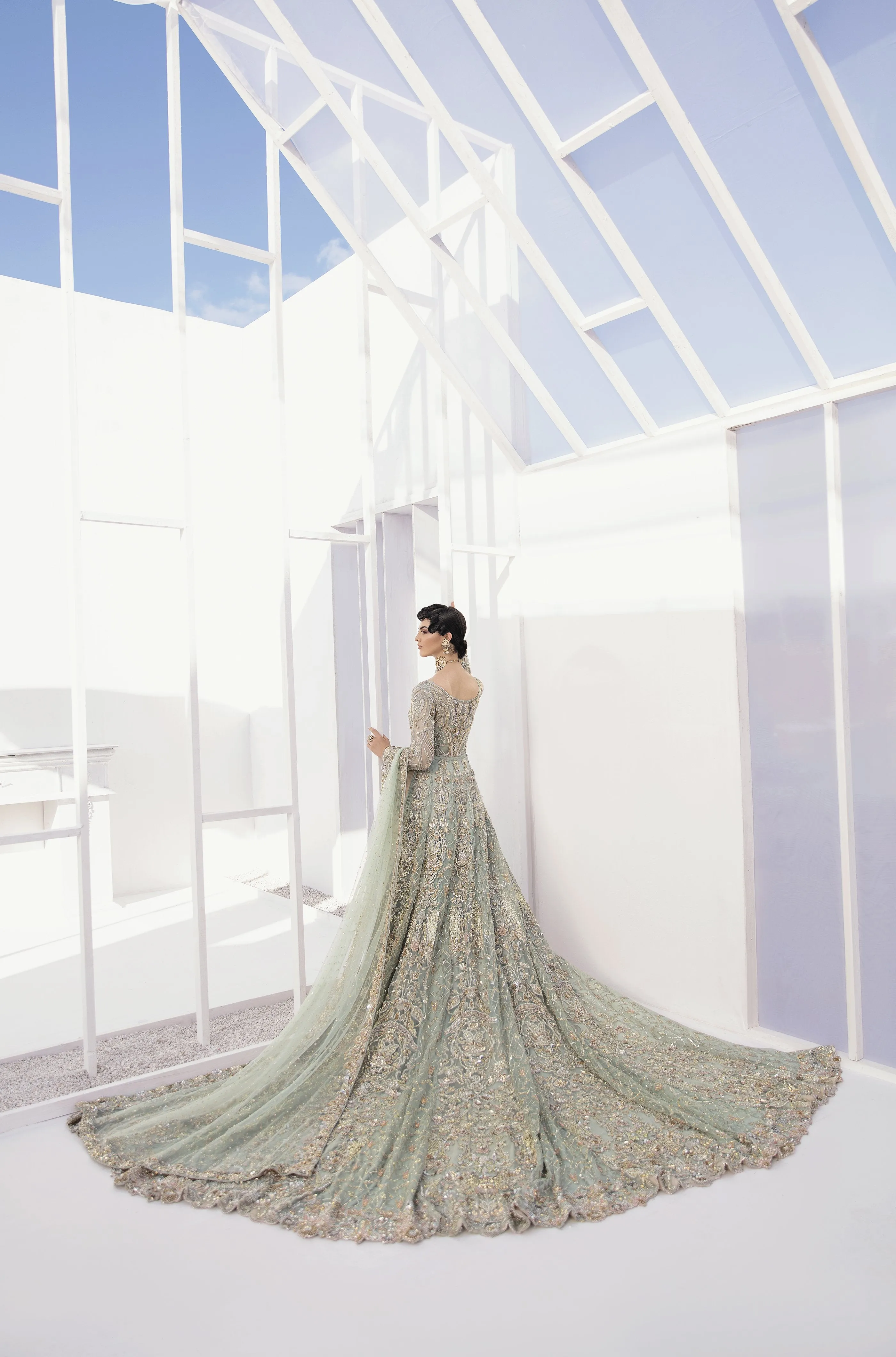 Charming Pakistani Bridal Lehenga Designs in Embellished Heavy Zardozi Work for Wedding Wear in Long Tail Gown with Dupatta #BN940