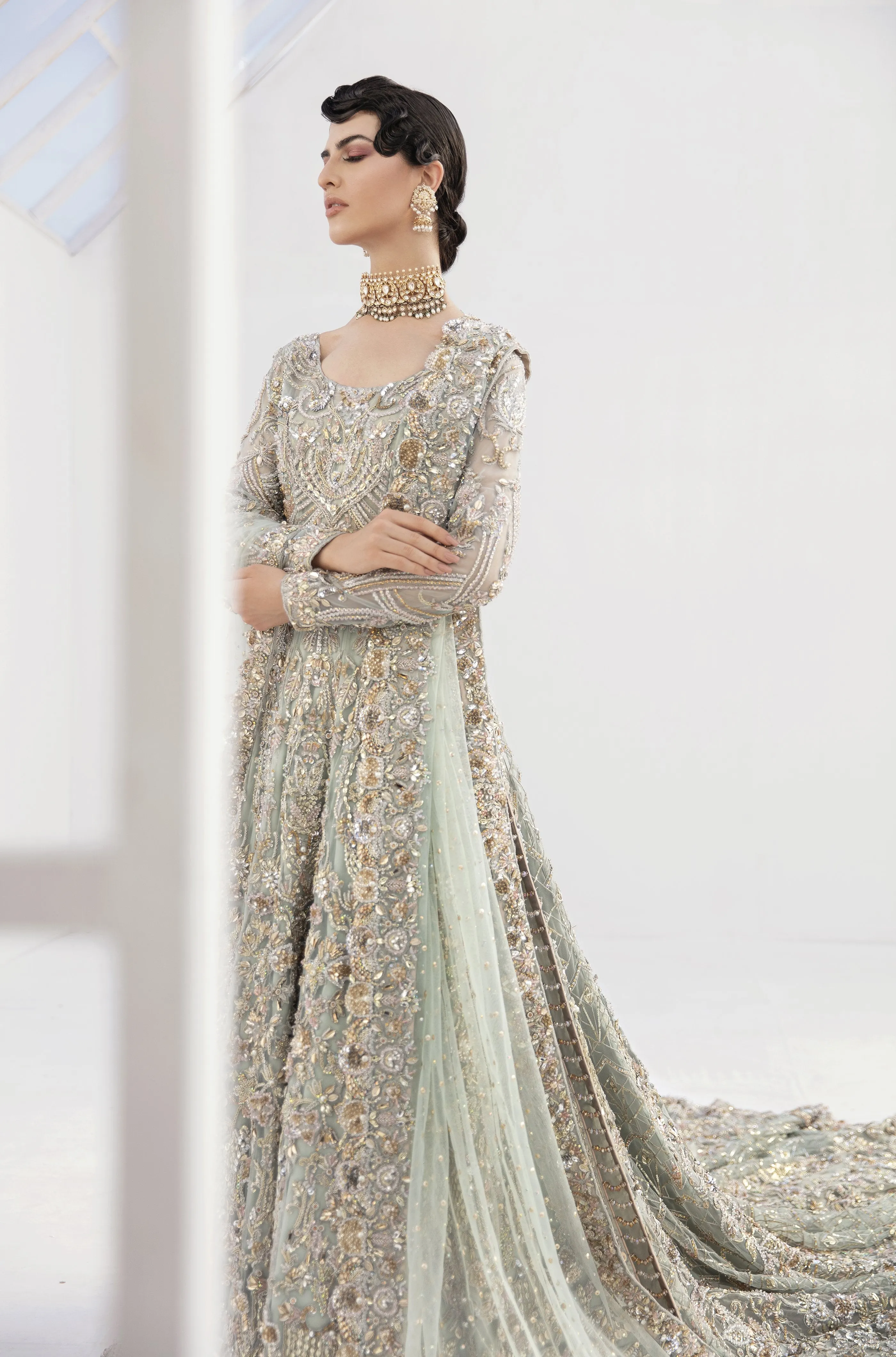Charming Pakistani Bridal Lehenga Designs in Embellished Heavy Zardozi Work for Wedding Wear in Long Tail Gown with Dupatta #BN940