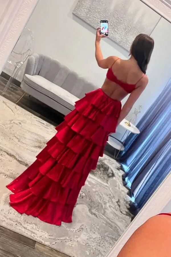 Charming Red Satin A Line V Neck Tiered Prom Dresses With Slit, SLP069